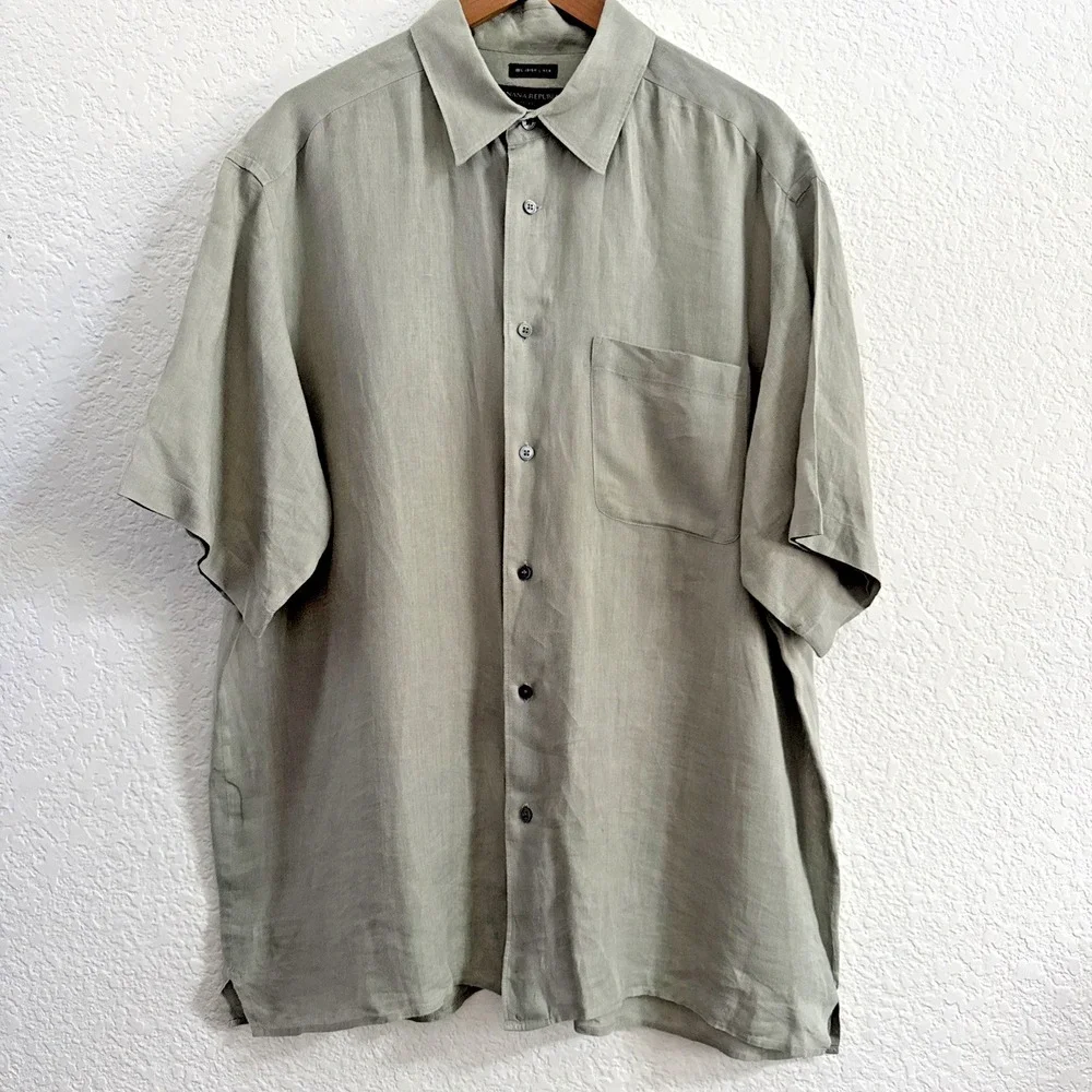 Banana Republic RELAXED Fit 100% Irish Linen Short Sleeve Shirt Green Men's XL